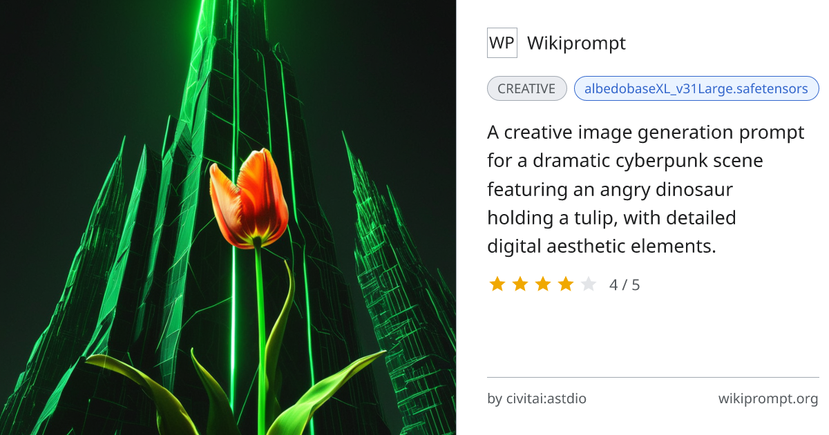 Angry Dino with Tulip - Cyberpunk Scene | Wikiprompt