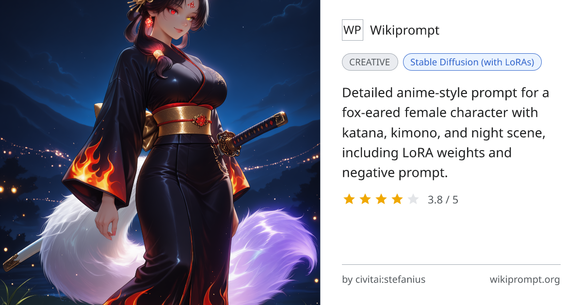 Anime Fox Girl Katana Night Scene (Anima LoRA) | Wikiprompt