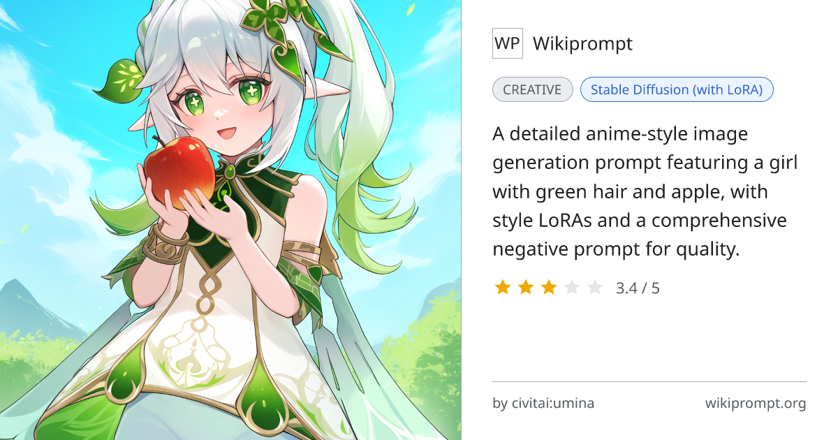 Anime Girl with Apple in Green Dress | Wikiprompt
