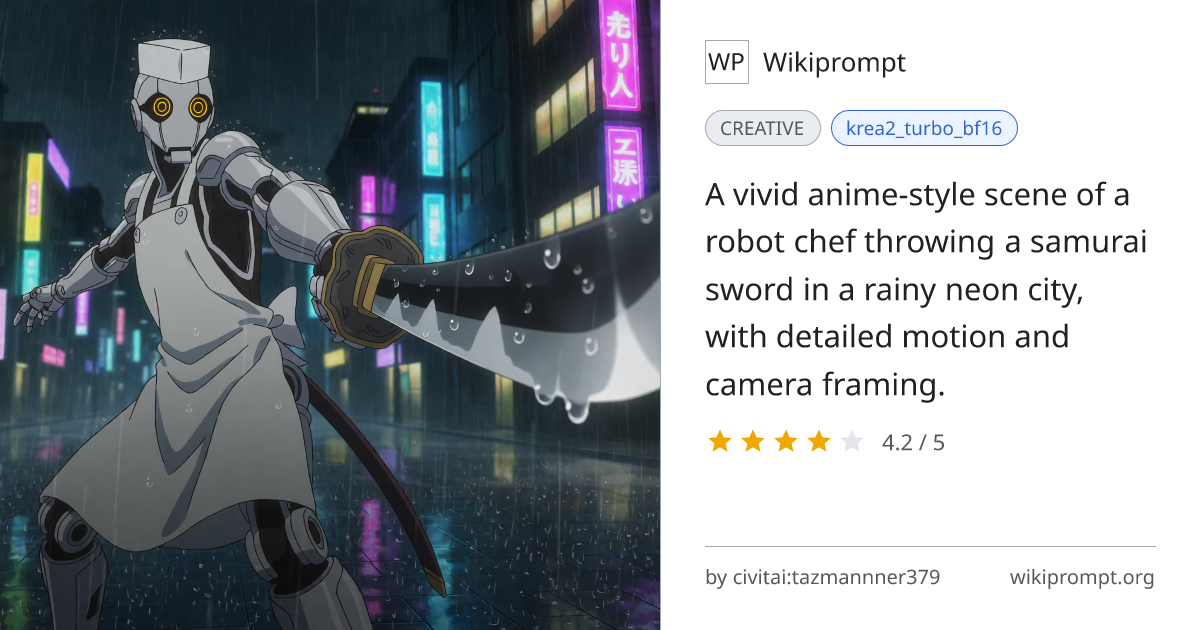 Anime robot throwing sword in rainy city | Wikiprompt