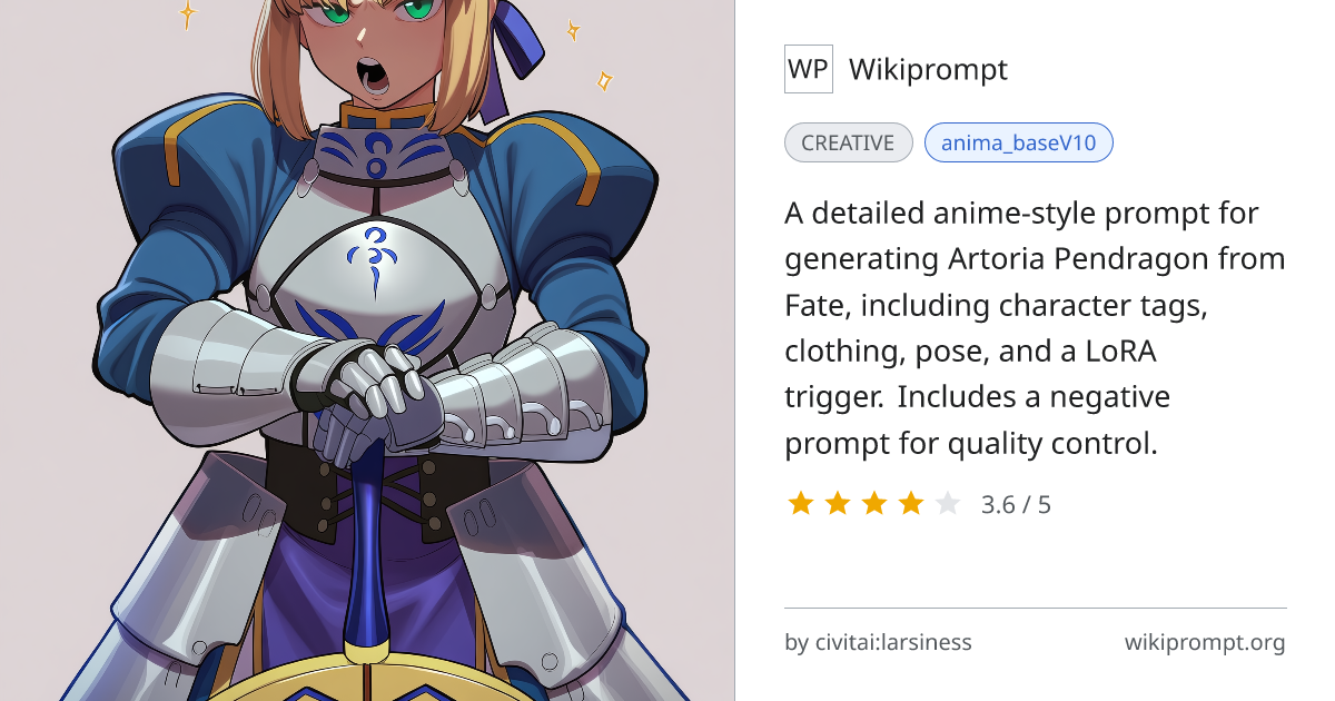Artoria Pendragon (Fate) Anime Character Prompt | Wikiprompt