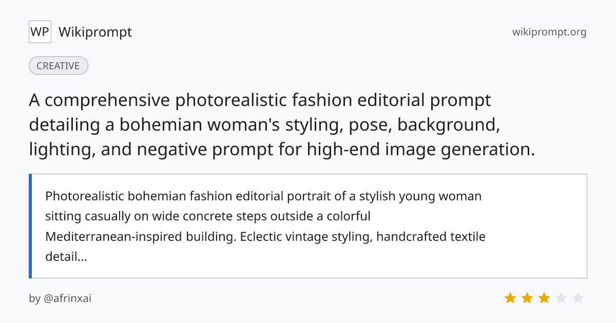 Bohemian Fashion Editorial Portrait Prompt | Wikiprompt