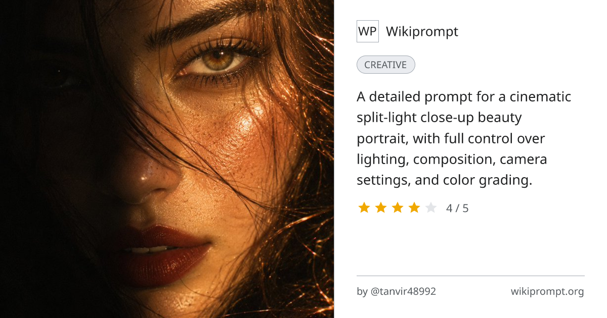 Cinematic Split-Light Beauty Portrait Prompt | Wikiprompt
