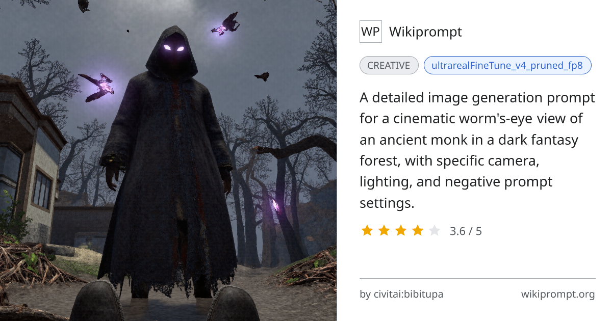 Cinematic Worm's-Eye View of Ancient Monk in Forest | Wikiprompt