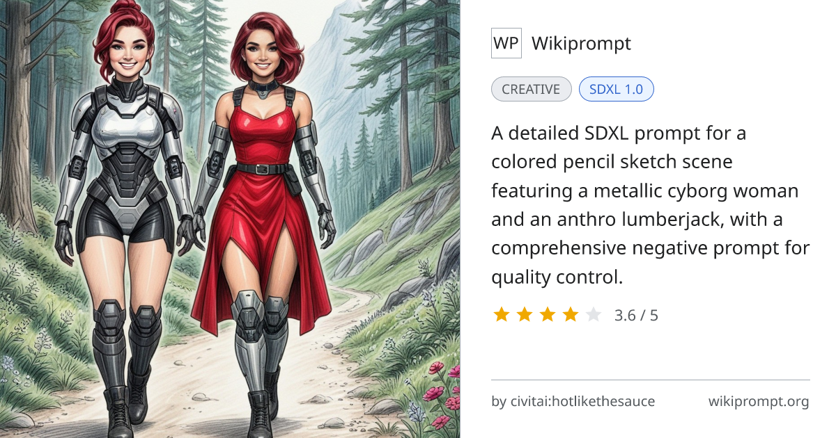 Colored Pencil Sketch Cyborg Woman and Anthro Lumberjack | Wikiprompt