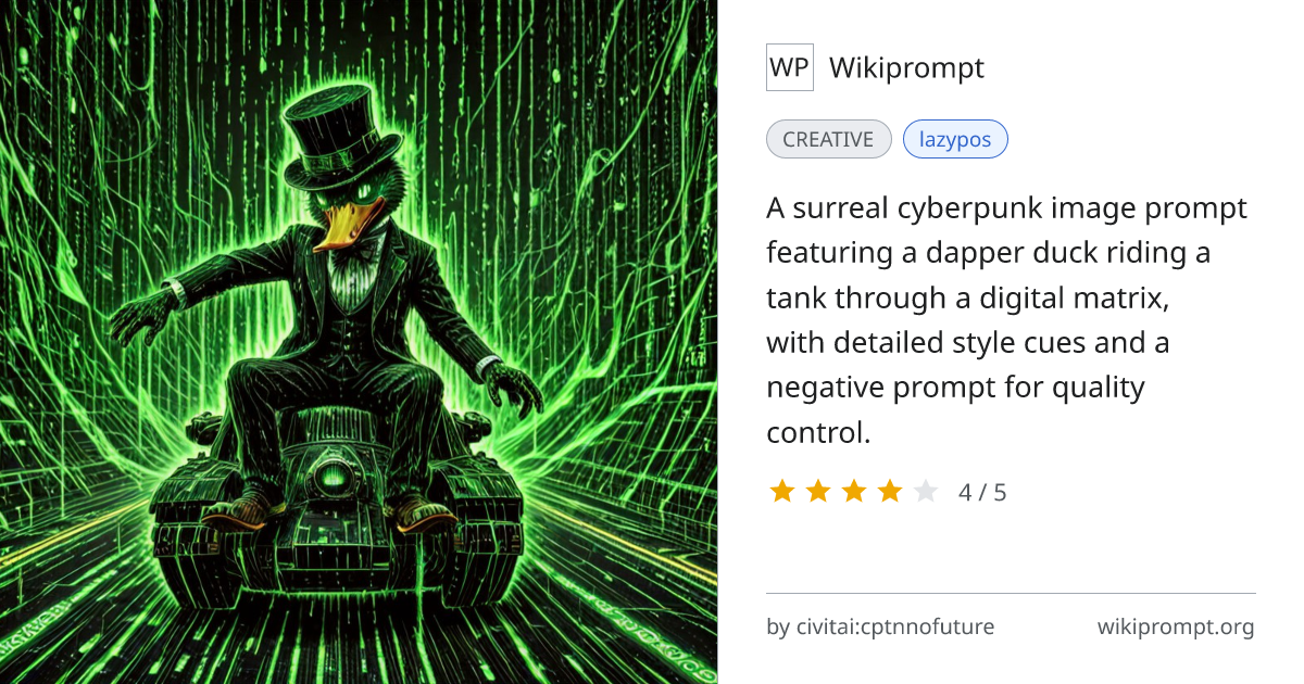 Dapper Duck on Futuristic Tank | Wikiprompt