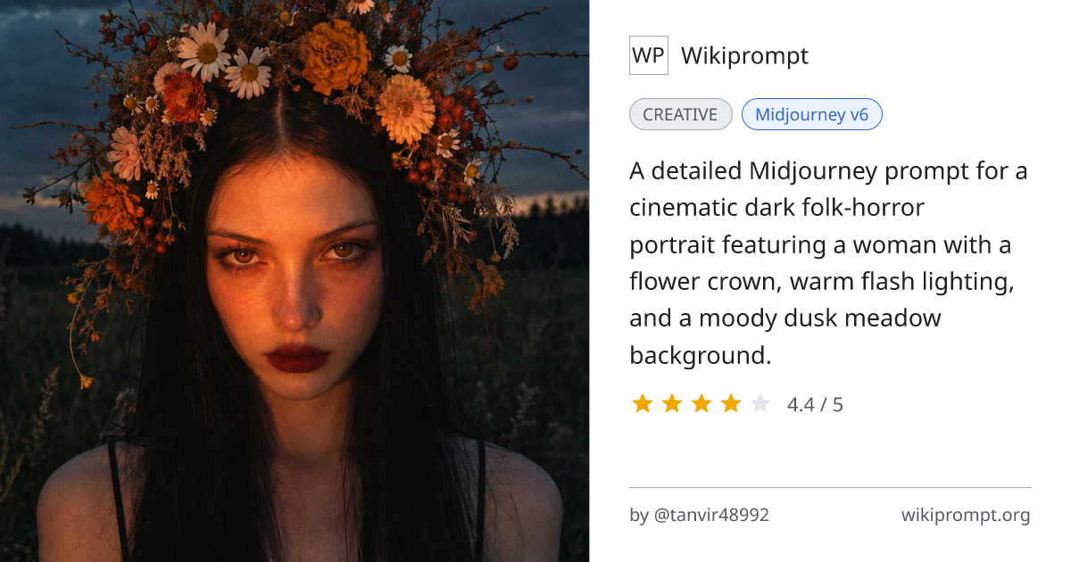 Dark Folk-Horror Twilight Portrait with Flower Crown | Wikiprompt