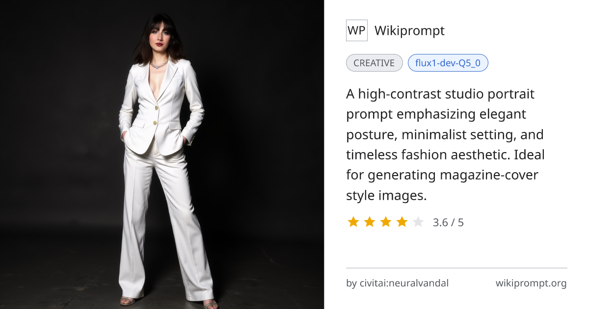 Glamorous Woman in White Suit – Studio Portrait | Wikiprompt