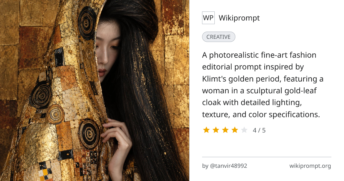 Golden Klimt-Inspired Fashion Editorial Portrait | Wikiprompt