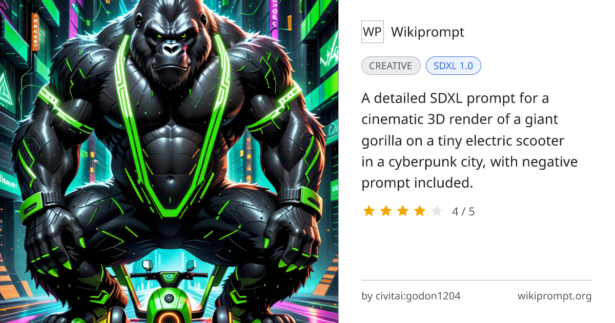 Gorilla on Tiny Electric Scooter Cyberpunk Scene | Wikiprompt