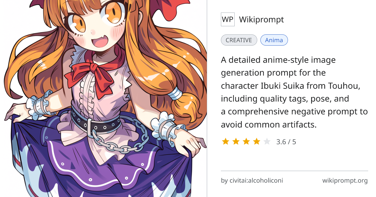 Ibuki Suika Anime Character Prompt with Negative Prompt | Wikiprompt