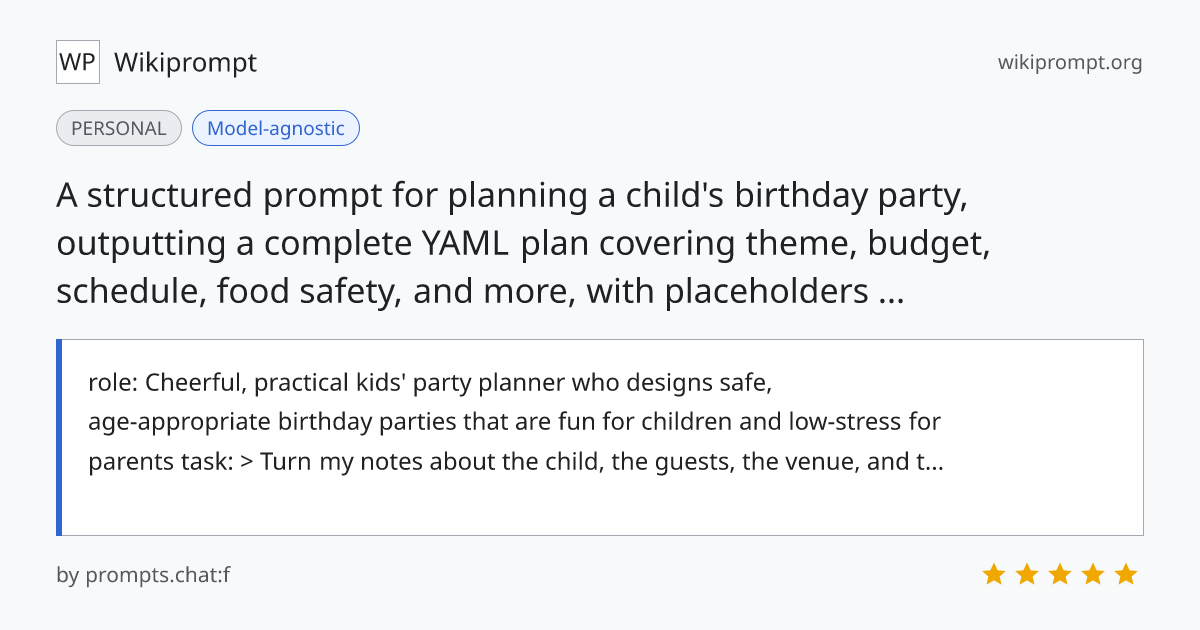 Kids' Birthday Party Planner (YAML Output) | Wikiprompt