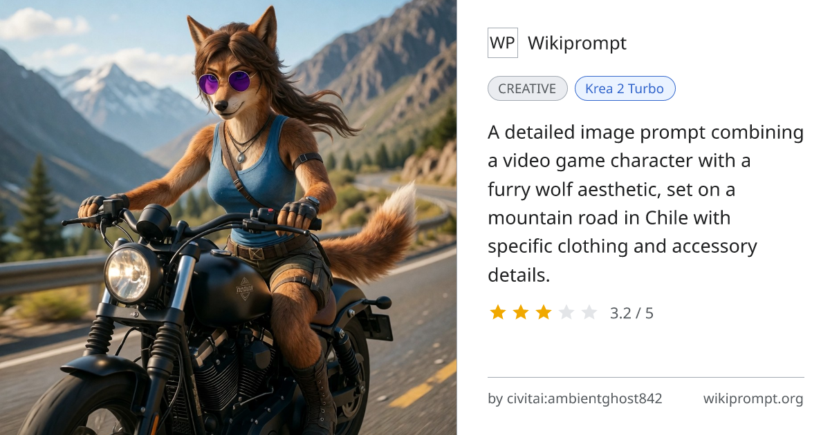 Lara Croft Furry Wolf on Motorcycle in Chile | Wikiprompt