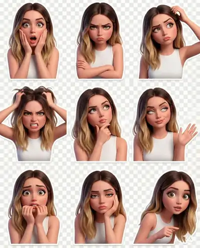 3x3 Pixar-style sticker grid of expressive character emotions