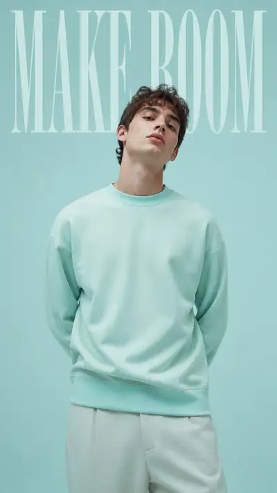 Premium editorial campaign, model in ice-mint sweatshirt