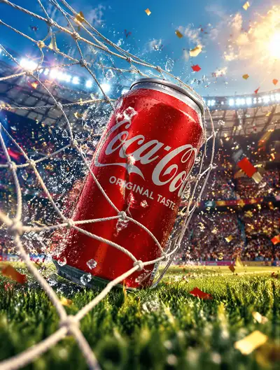 Coca-Cola commercial poster with can trapped in a football net