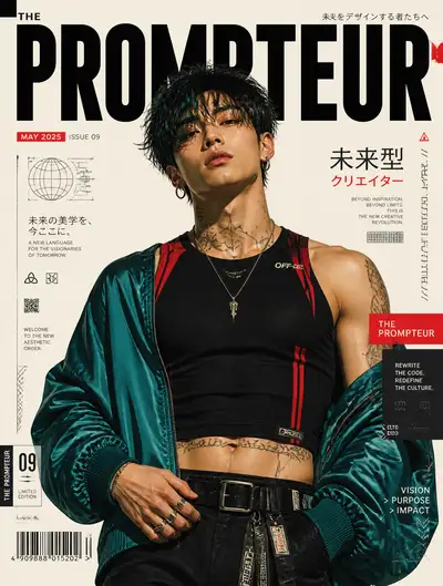 Cyberpunk anime magazine cover portrait, The Prompteur