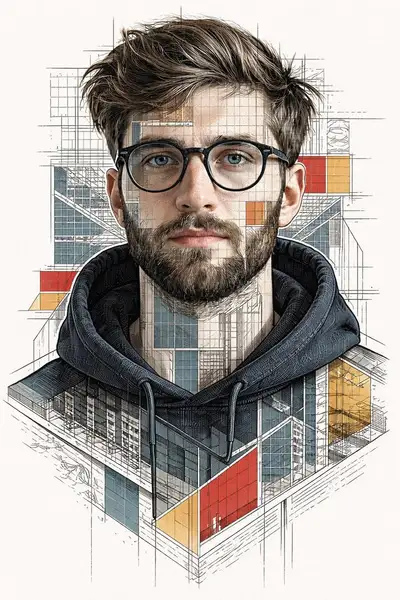 Architectural blueprint style ink portrait illustration
