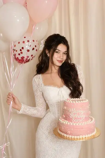 Retrato de aniversário com balões e bolo de dois andares