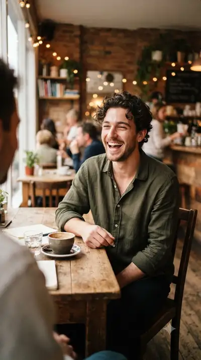 Portrait spontané d'un homme riant dans un café chaleureux
