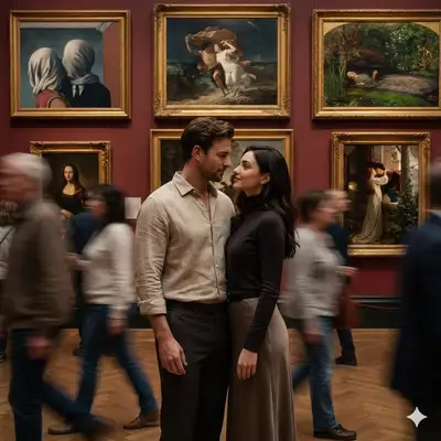 Paarporträt in einer Museumsgalerie mit Bewegungsunschärfe