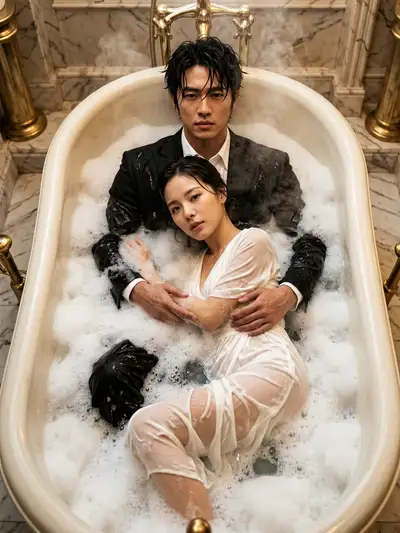 Romantic vintage bathtub couple editorial photo
