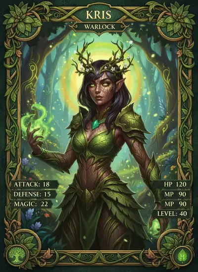 Retrato de Carta de Jogo de Fantasia Hiperdetalhado de uma Guardiã da Floresta Dríade