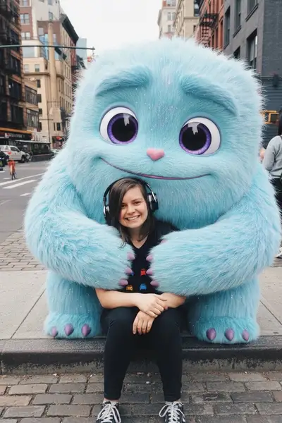 Cuddled by a giant cartoon monster photo prompt