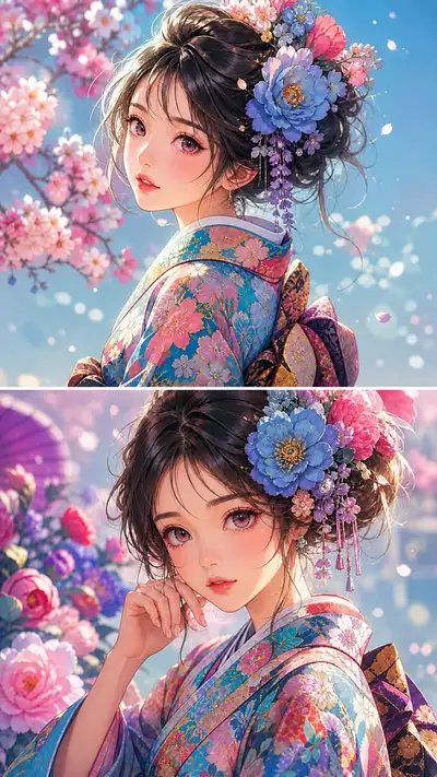 Ultradetailliertes Porträt im Anime-Stil eines jungen Mädchens mit großen, ausdrucksstarken Augen,