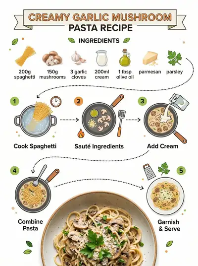 Infographie étape par étape de la recette de pâtes crémeuses à l'ail et aux champignons
