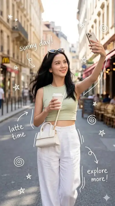 Selfie de rue européen avec café et doodles