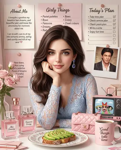 Portrait de moodboard de bureau à l'esthétique coquette preppy