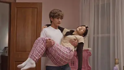 Tender four-shot sequence: carrying a sleeping woman to bed