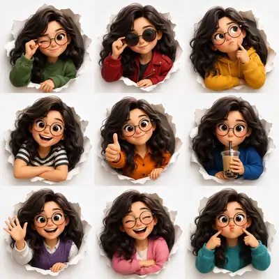3D Pixar-style character expression sheet in a 3x3 grid