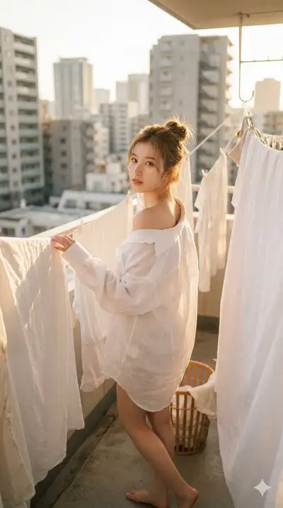 Golden hour balcony portrait among hanging laundry