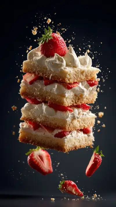 Levitating strawberry shortcake on black - spotlight food shot