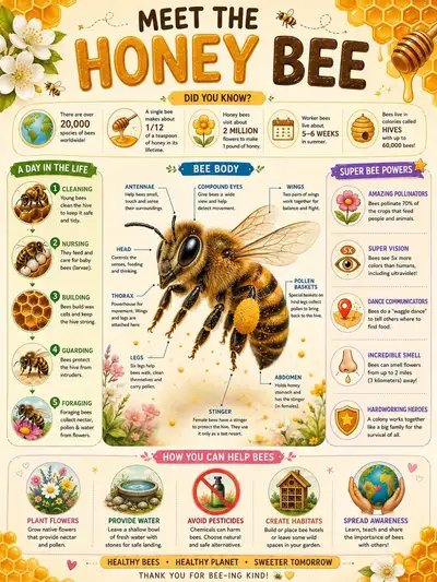 Educational honey bee infographic poster for kids