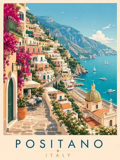 Vintage Watercolor Travel Poster of Positano