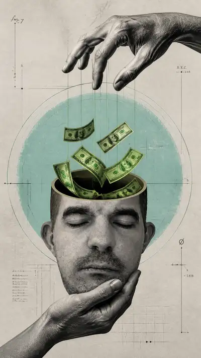 Surrealist Digital Collage of Detached Head with Floating Bills