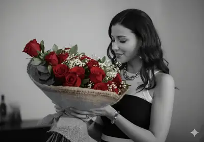 Cinematic Black and White Portrait with Red Roses