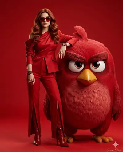 High-Fashion Surreal Editorial Portrait with Red Bird