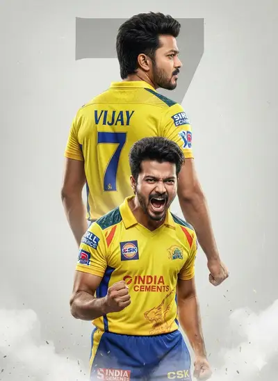 Cinematic IPL cricket celebration poster, CSK and RCB jerseys