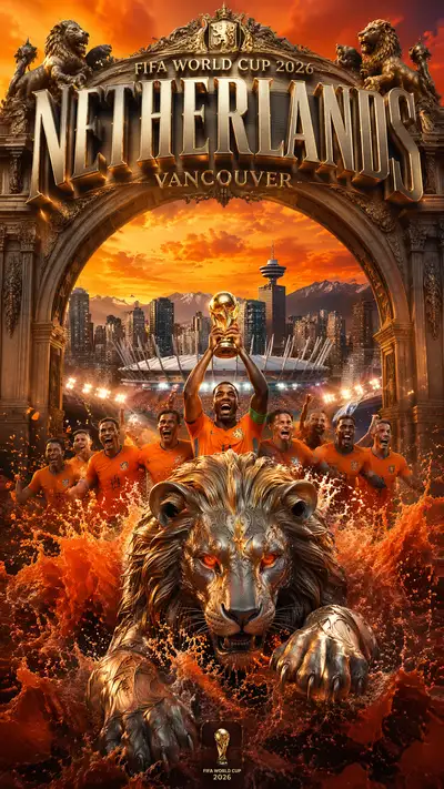 Epic World Cup 2026 poster for Netherlands with metallic lion