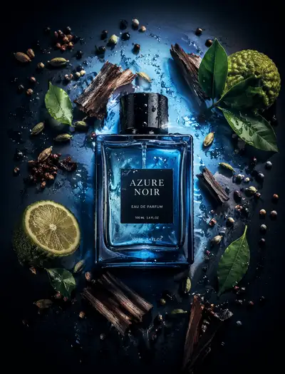 Editorial perfume poster with ice blue radial glow and water drops