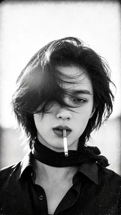 1970s black and white windswept cigarette portrait