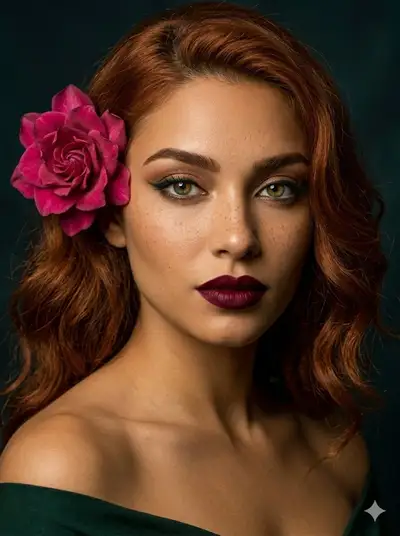 Elegant Red-Haired Woman Portrait with Magenta Flower