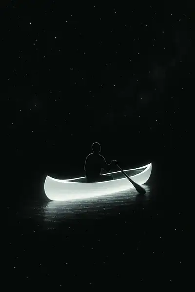 Lone figure rowing glowing canoe across ocean of stars