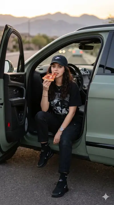 Cinematic portrait of woman with pizza by Bentley