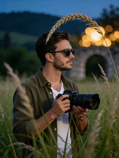 Cinematic meadow portrait of a man with a telephoto camera