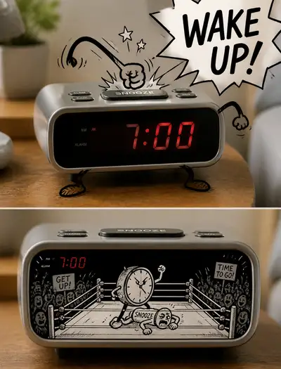 Doodled alarm clock punching snooze comic illustration
